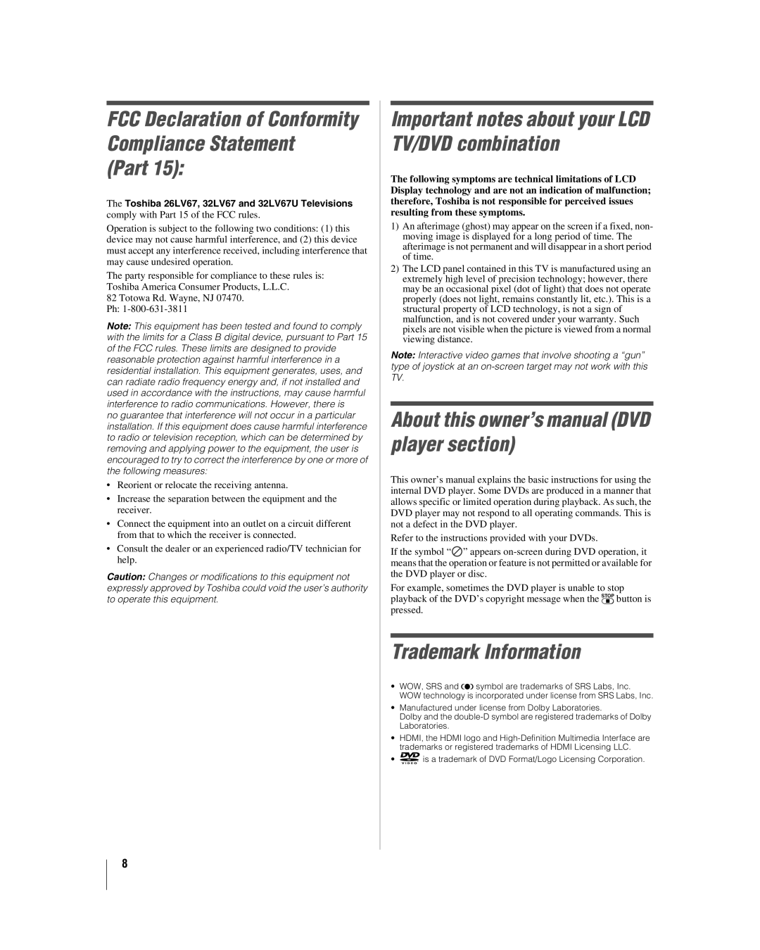 Toshiba 26LV67, 32LV67U manual Part, Important notes about your LCD TV/DVD combination, Trademark Information 