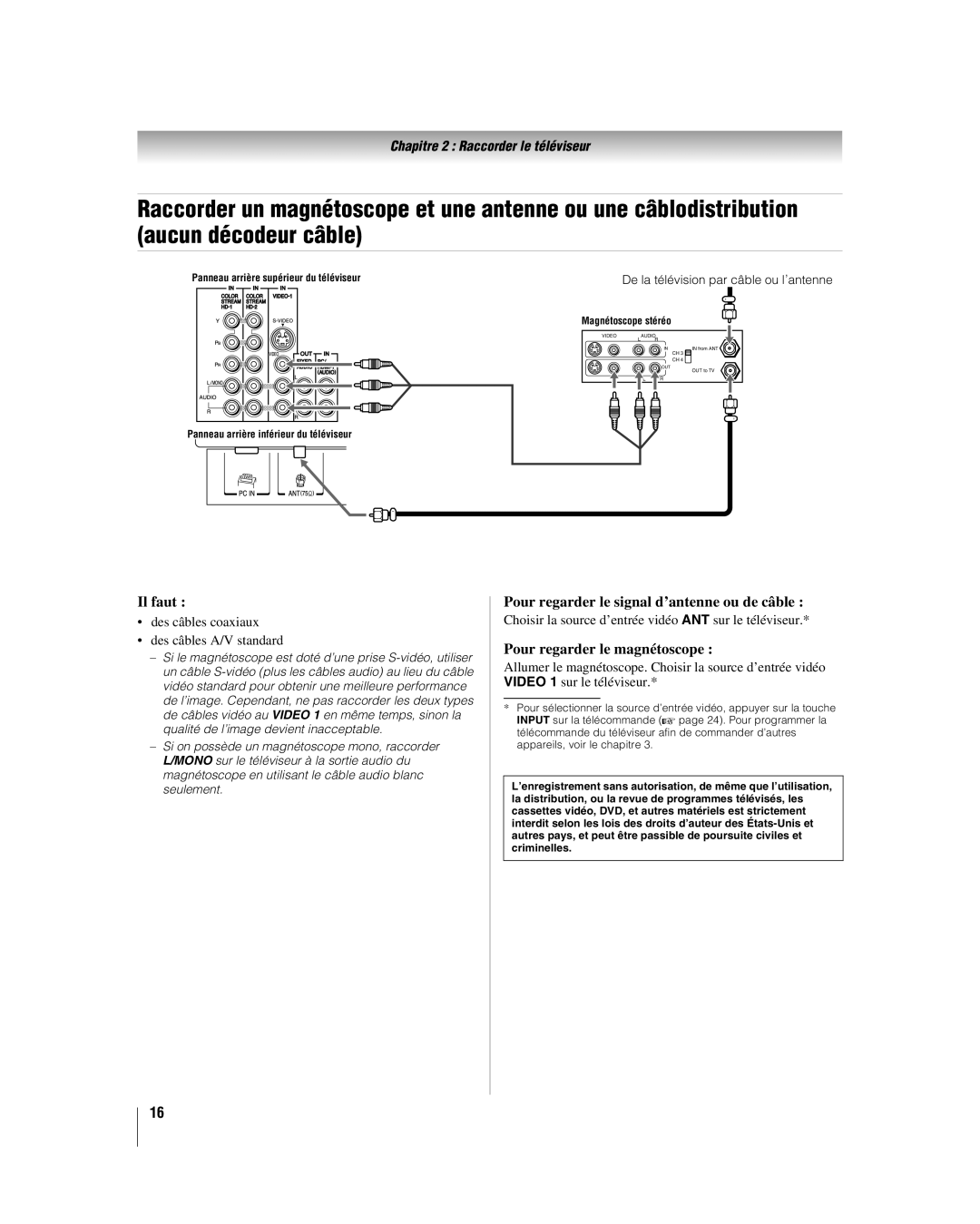 Toshiba 32LV67U, 26LV67 manual Il faut, Pour regarder le signal d’antenne ou de câble, Pour regarder le magnétoscope 