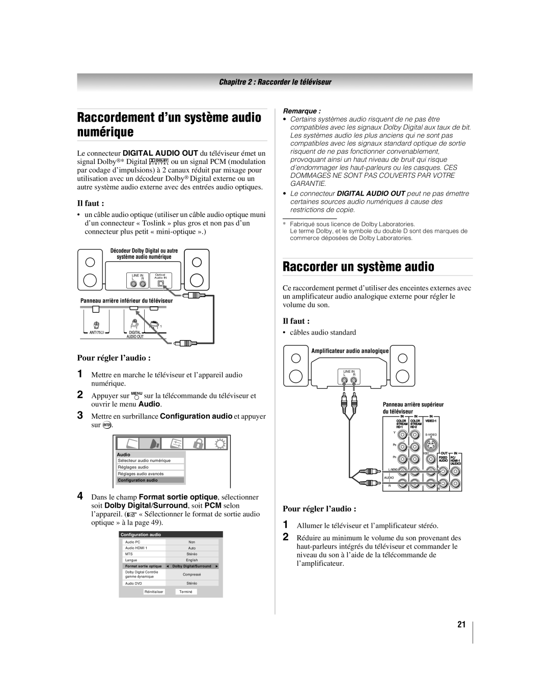 Toshiba 32LV67U, 26LV67 manual Raccordement d’un système audio numérique, Raccorder un système audio, Pour régler l’audio 