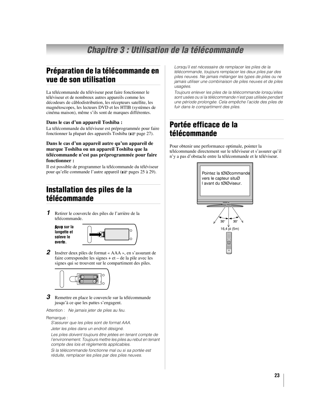 Toshiba 26LV67, 32LV67U manual Chapitre 3 Utilisation de la télécommande, Installation des piles de la télécommande 