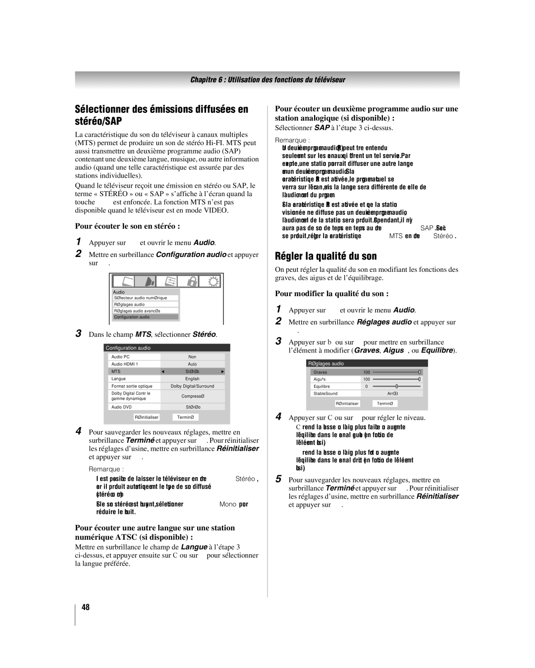 Toshiba 32LV67U, 26LV67 manual Sélectionner des émissions diffusées en stéréo/SAP, Régler la qualité du son 