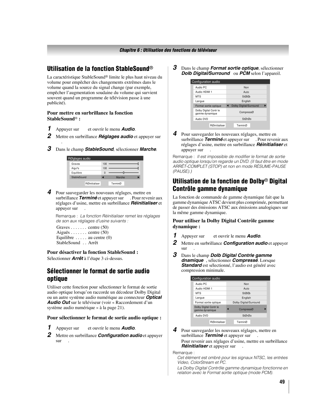 Toshiba 32LV67U, 26LV67 manual Utilisation de la fonction StableSound, Sélectionner le format de sortie audio optique 