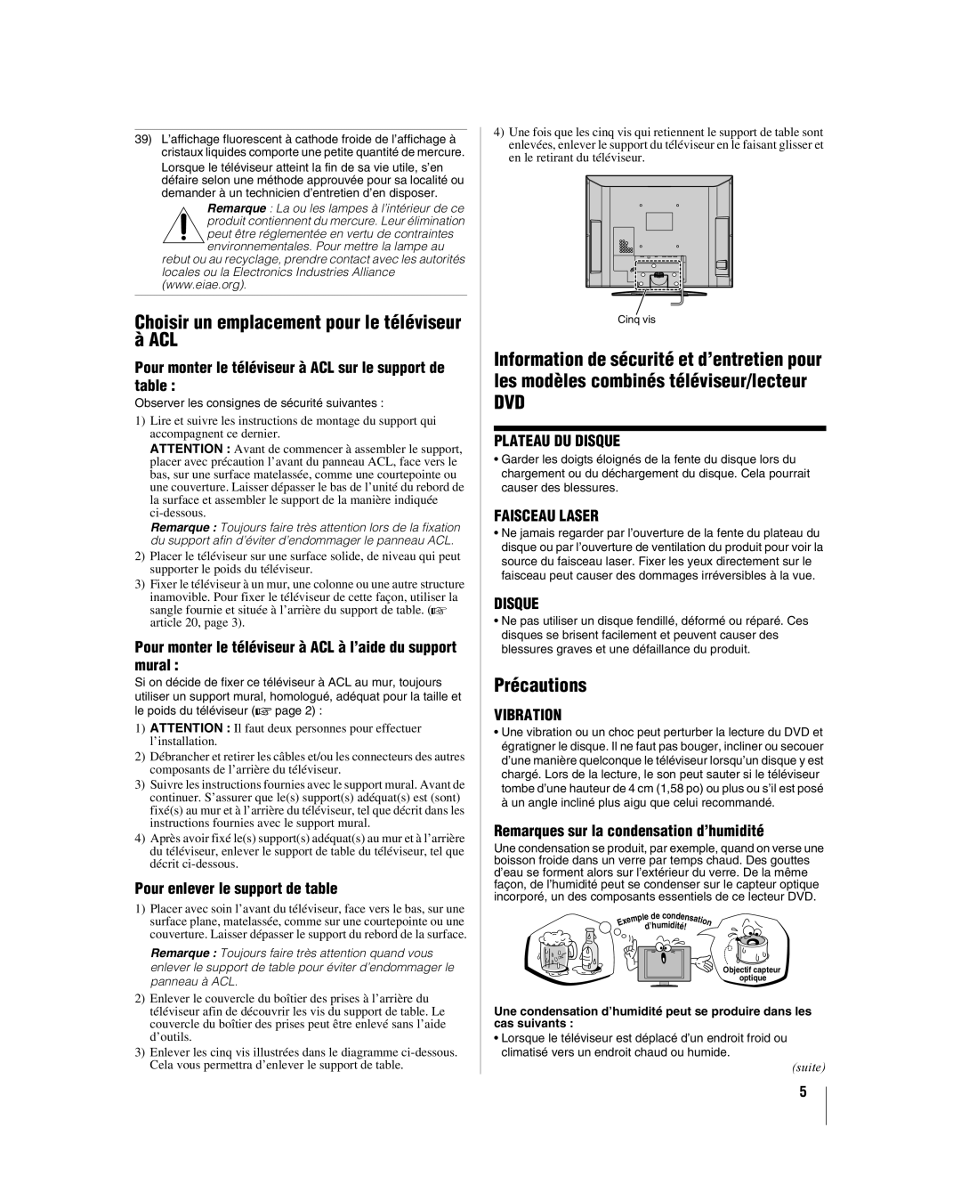 Toshiba 26LV67, 32LV67U manual Choisir un emplacement pour le téléviseur à ACL, Précautions 