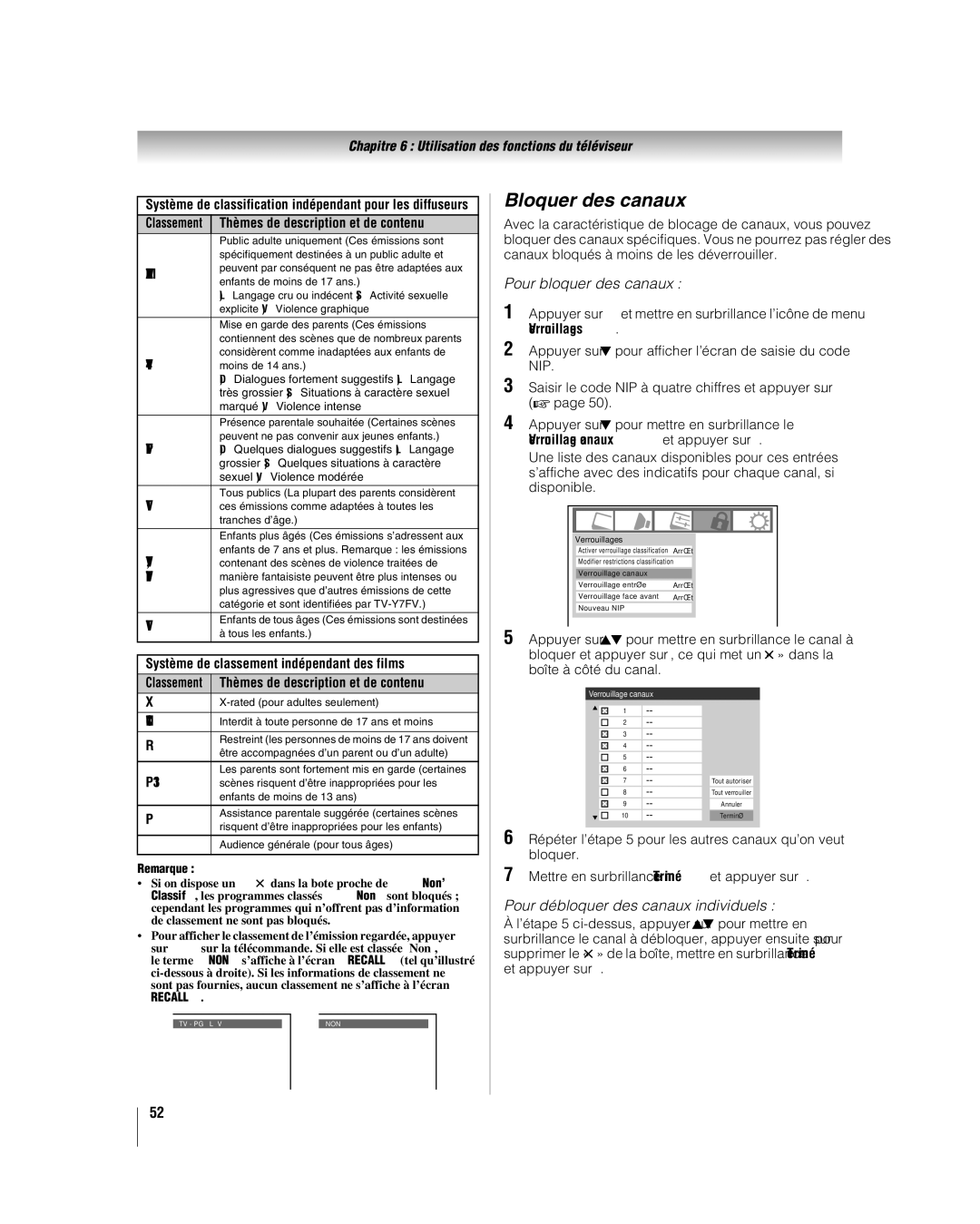 Toshiba 32LV67U, 26LV67 manual Bloquer des canaux, Pour bloquer des canaux, Pour débloquer des canaux individuels 