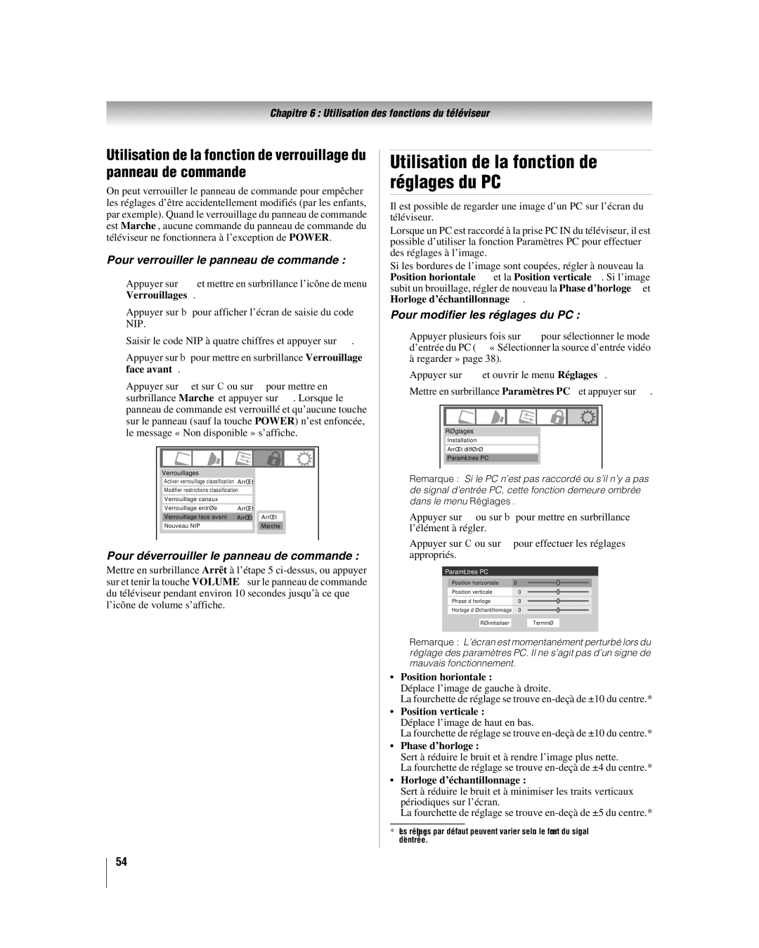 Toshiba 32LV67U, 26LV67 manual Utilisation de la fonction de réglages du PC, Pour verrouiller le panneau de commande 