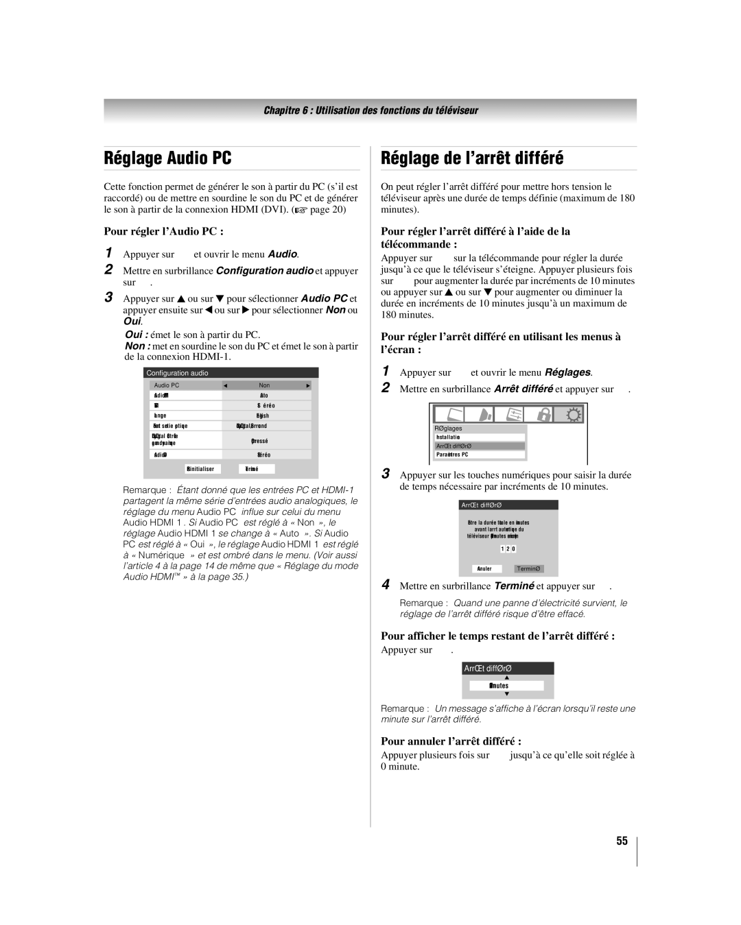 Toshiba 32LV67U, 26LV67 manual Réglage Audio PC, Réglage de l’arrêt différé 