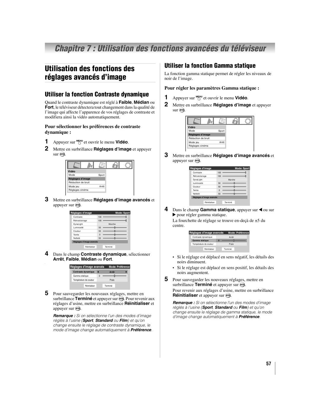 Toshiba 32LV67U, 26LV67 Chapitre 7 Utilisation des fonctions avancées du téléviseur, Utiliser la fonction Gamma statique 