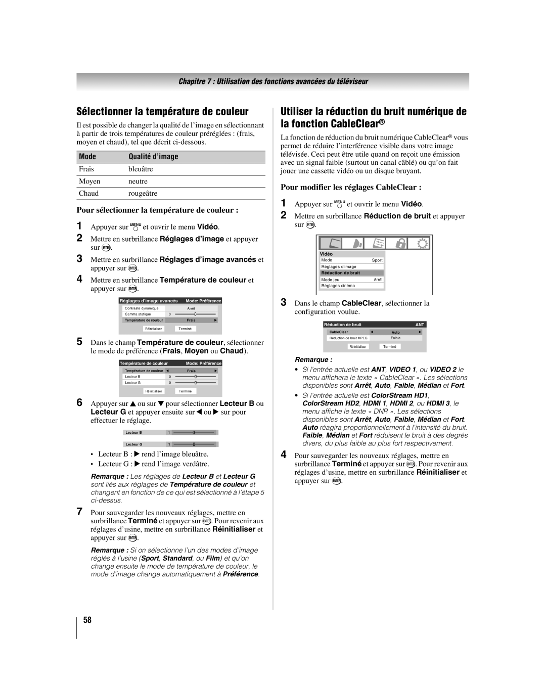 Toshiba 32LV67U, 26LV67 manual Pour sélectionner la température de couleur, Pour modifier les réglages CableClear 