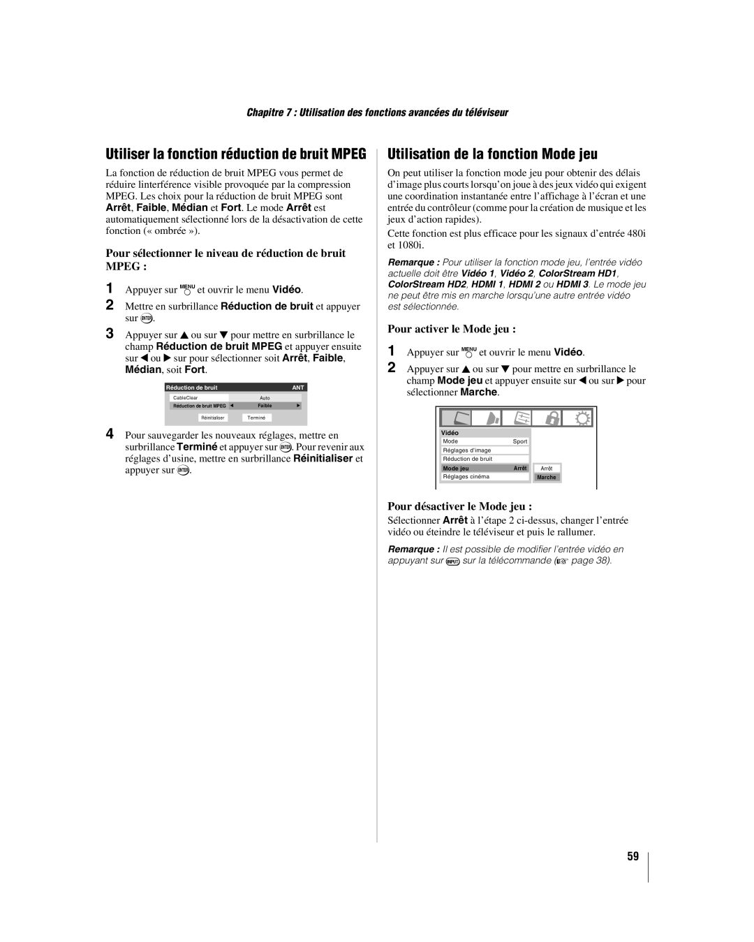 Toshiba 26LV67, 32LV67U manual Utilisation de la fonction Mode jeu, Pour sélectionner le niveau de réduction de bruit Mpeg 