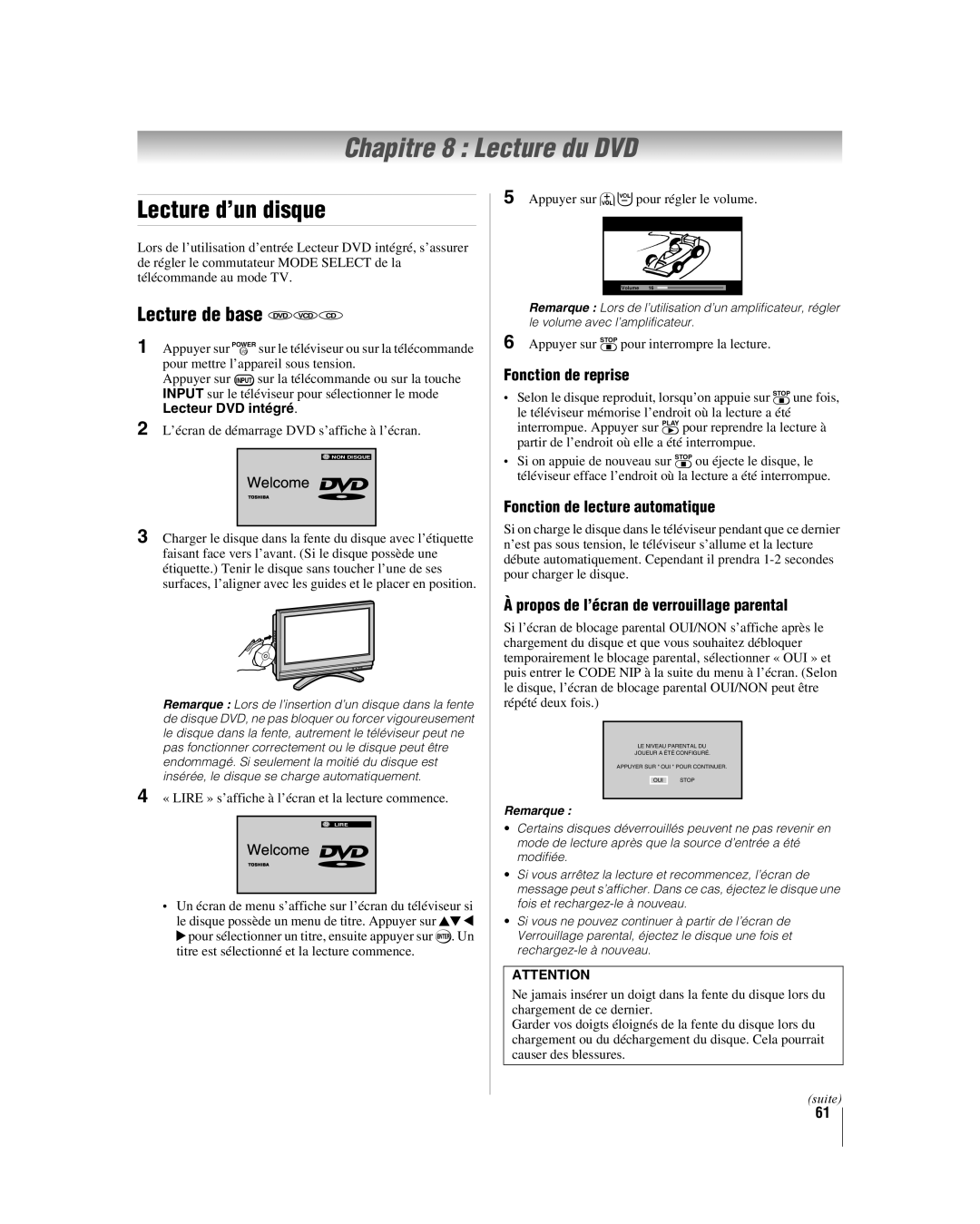 Toshiba 32LV67U, 26LV67 manual Chapitre 8 Lecture du DVD, Lecture d’un disque, Lecture de base DVD VCD CD 