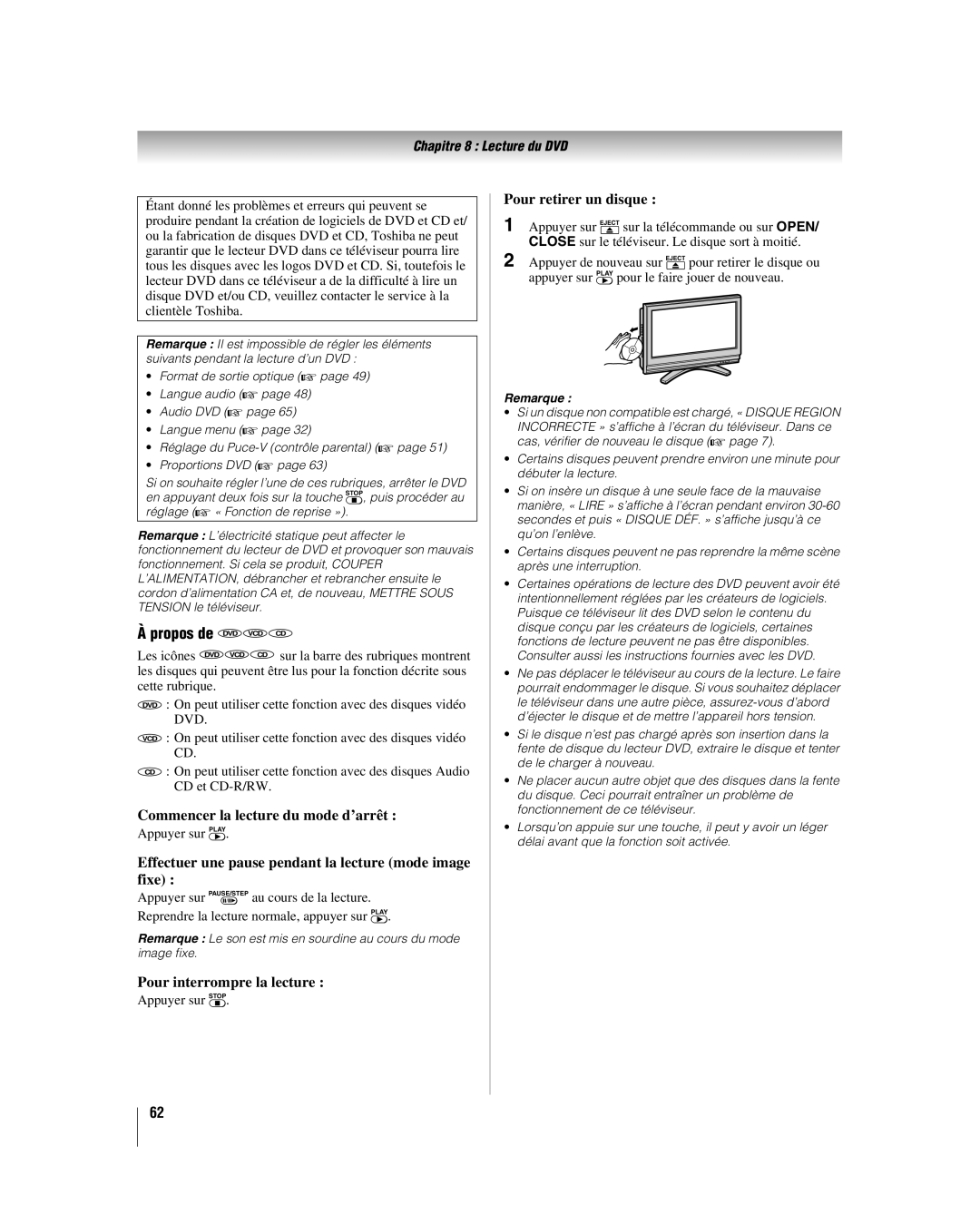 Toshiba 26LV67, 32LV67U manual Commencer la lecture du mode d’arrêt, Effectuer une pause pendant la lecture mode image fixe 