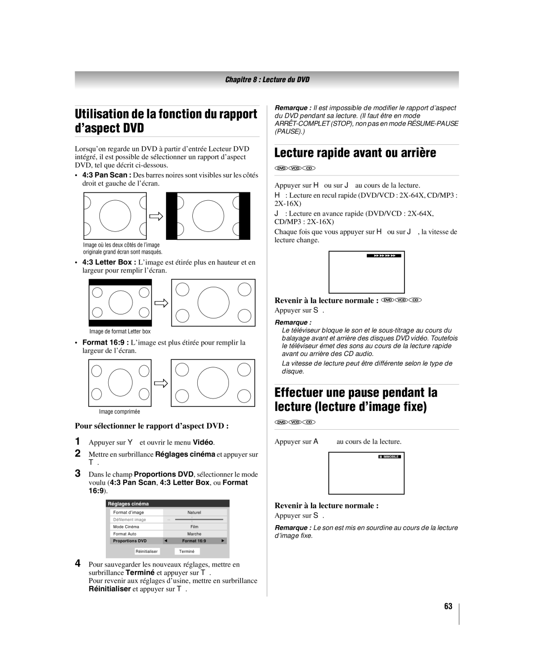 Toshiba 32LV67U, 26LV67 manual Utilisation de la fonction du rapport d’aspect DVD, Lecture rapide avant ou arrière 