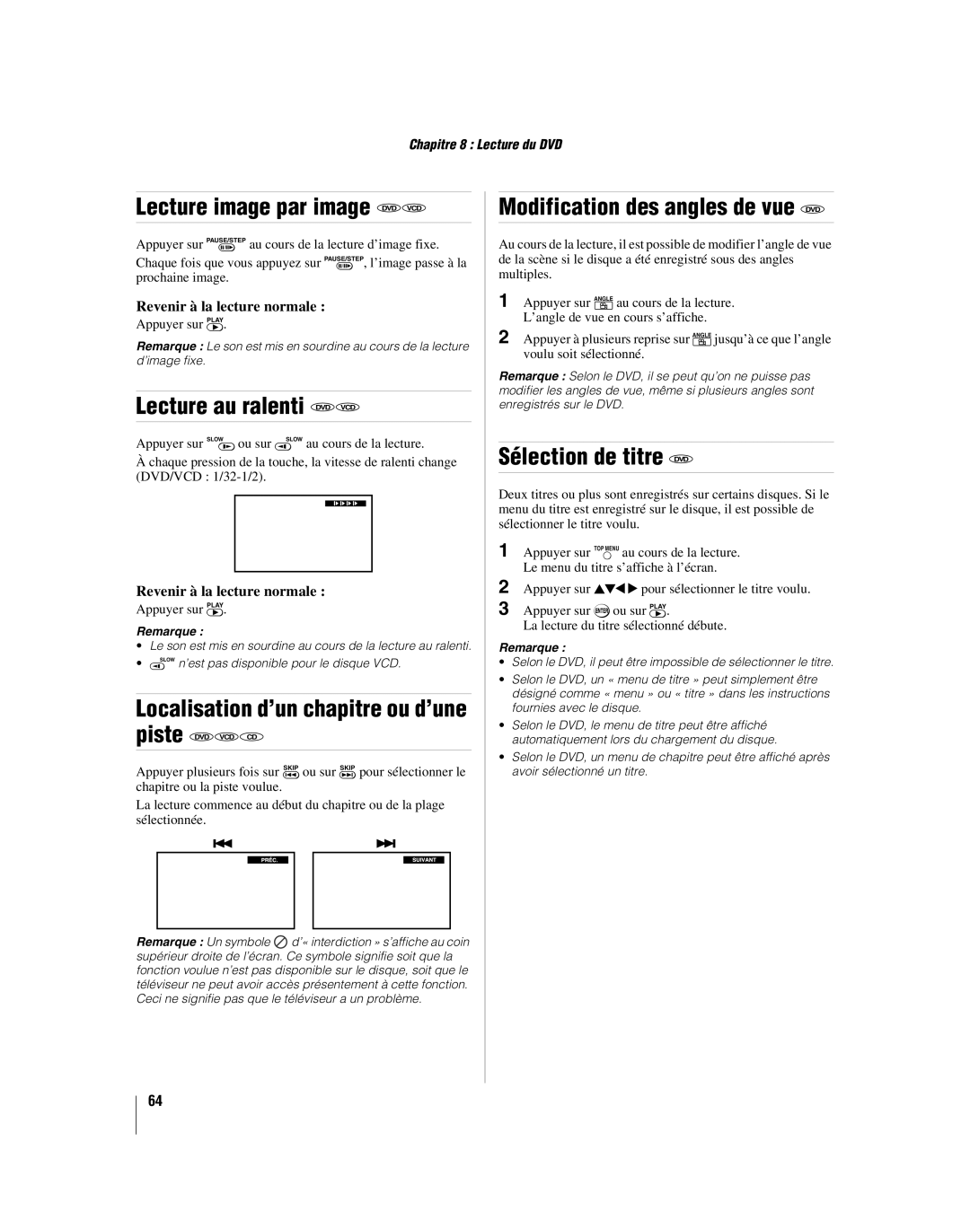 Toshiba 32LV67U, 26LV67 Lecture image par image DVD VCD, Lecture au ralenti DVD VCD, Modification des angles de vue DVD 