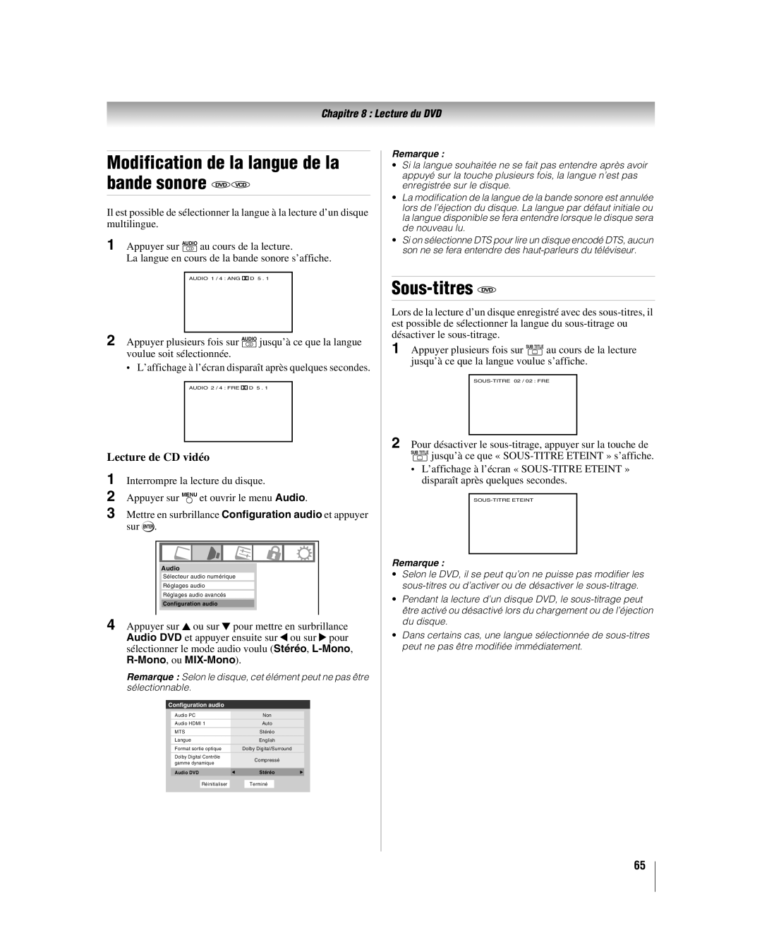 Toshiba 26LV67, 32LV67U Modification de la langue de la bande sonore DVD VCD, Sous-titres DVD, Lecture de CD vidéo, 2Audio 