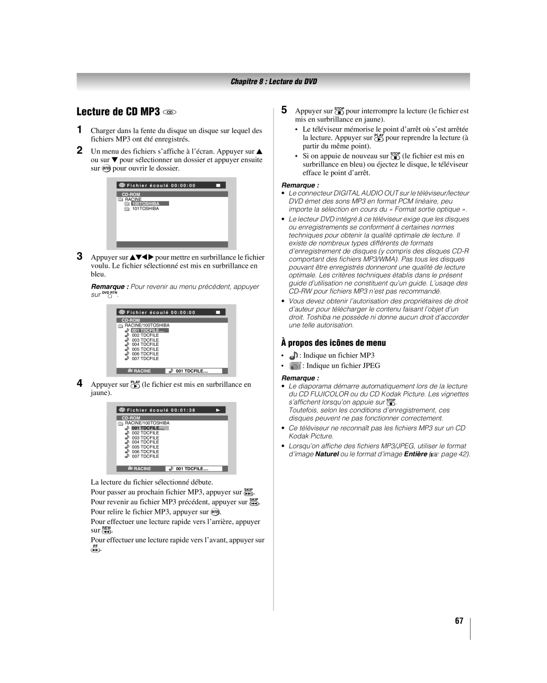 Toshiba 32LV67U, 26LV67 manual Propos des icônes de menu, Appuyer sur Sle fichier est mis en surbrillance en jaune 