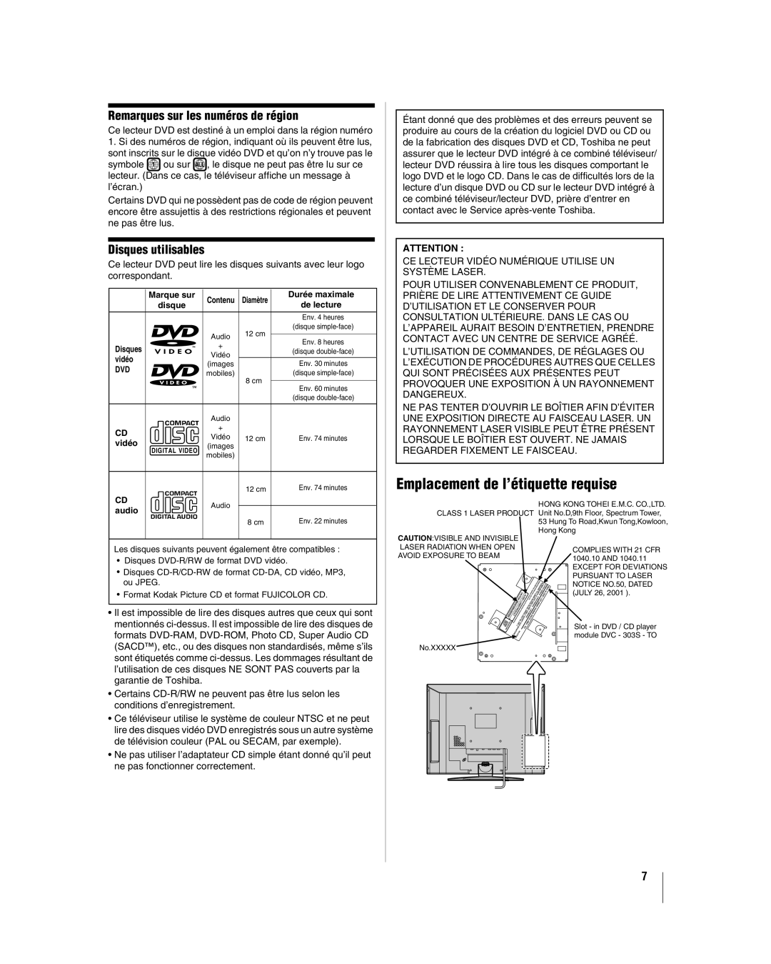 Toshiba 32LV67U, 26LV67 Emplacement de l’étiquette requise, Remarques sur les numéros de région, Disques utilisables 