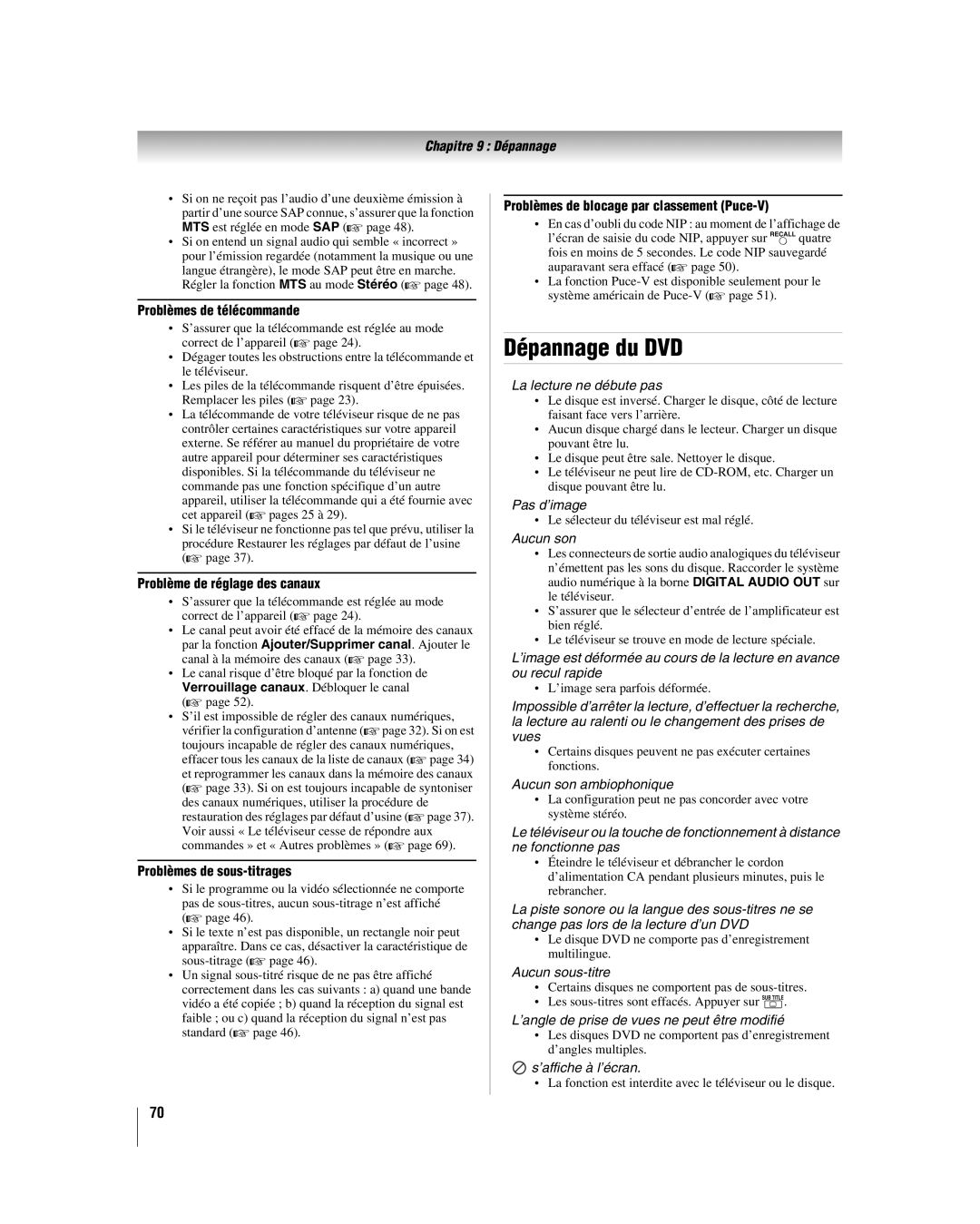 Toshiba 32LV67U, 26LV67 manual Dépannage du DVD 