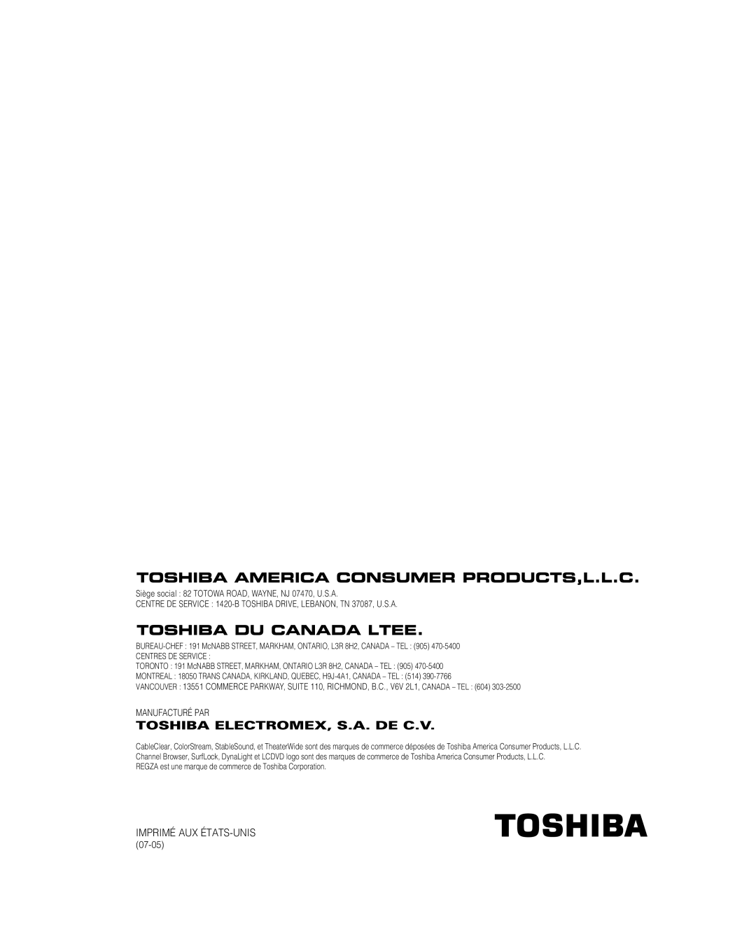 Toshiba 32LV67U, 26LV67 manual Imprimé AUX ÉTATS-UNIS 