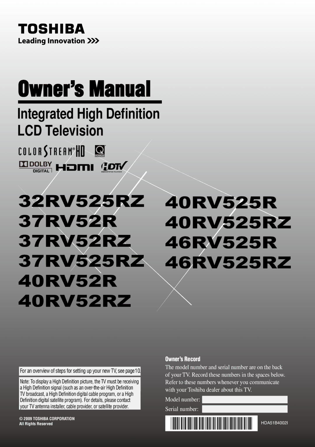 Toshiba 32RV525RZ, 37RV525RZ, 37RV52RZ, 46RV525RZ, 40RV52RZ owner manual Integrated High Deﬁnition LCD Television 