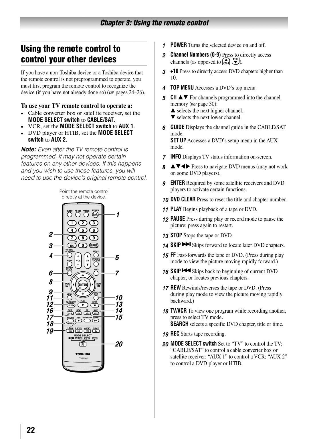 Toshiba 40RV52RZ Using the remote control to control your other devices, To use your TV remote control to operate a 