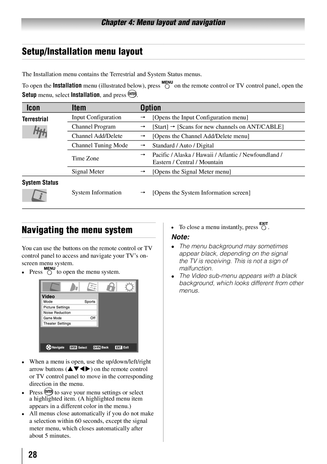 Toshiba 46RV525RZ, 32RV525RZ, 37RV525RZ, 37RV52RZ, 40RV52RZ Setup/Installation menu layout, Navigating the menu system, Press 