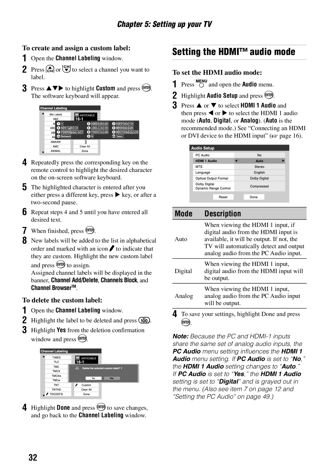 Toshiba 32RV525RZ, 37RV525RZ, 37RV52RZ Setting the Hdmi audio mode, Mode Description, To create and assign a custom label 