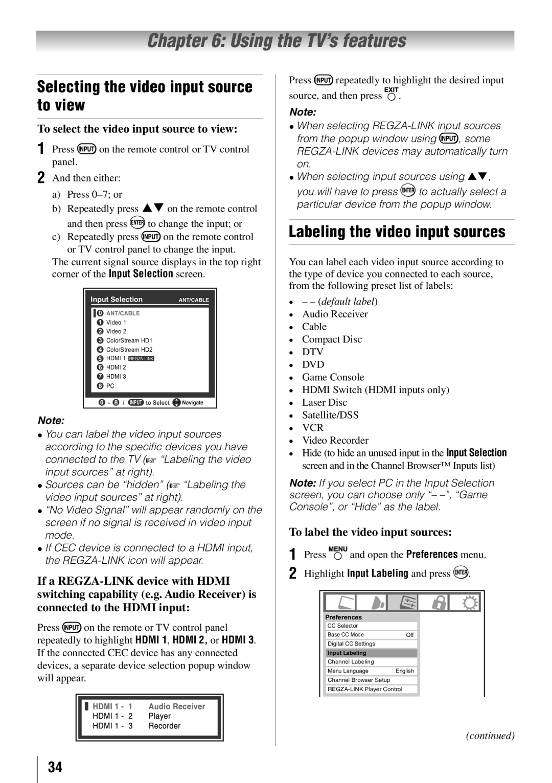 Toshiba 37RV525RZ Using the TV’s features, Selecting the video input source to view, Labeling the video input sources 