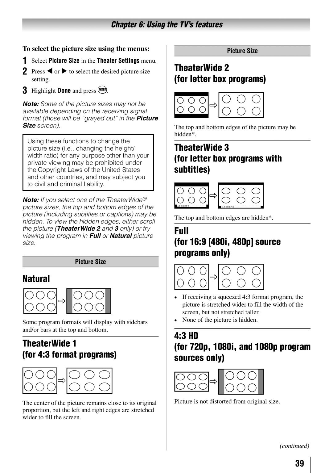 Toshiba 40RV525RZ, 32RV525RZ, 37RV525RZ Natural, TheaterWide For 43 format programs, TheaterWide For letter box programs 