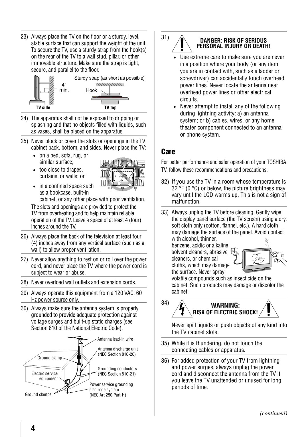 Toshiba 46RV525RZ, 32RV525RZ, 37RV525RZ, 37RV52RZ, 40RV52RZ, 40RV525RZ owner manual Care, TV side 