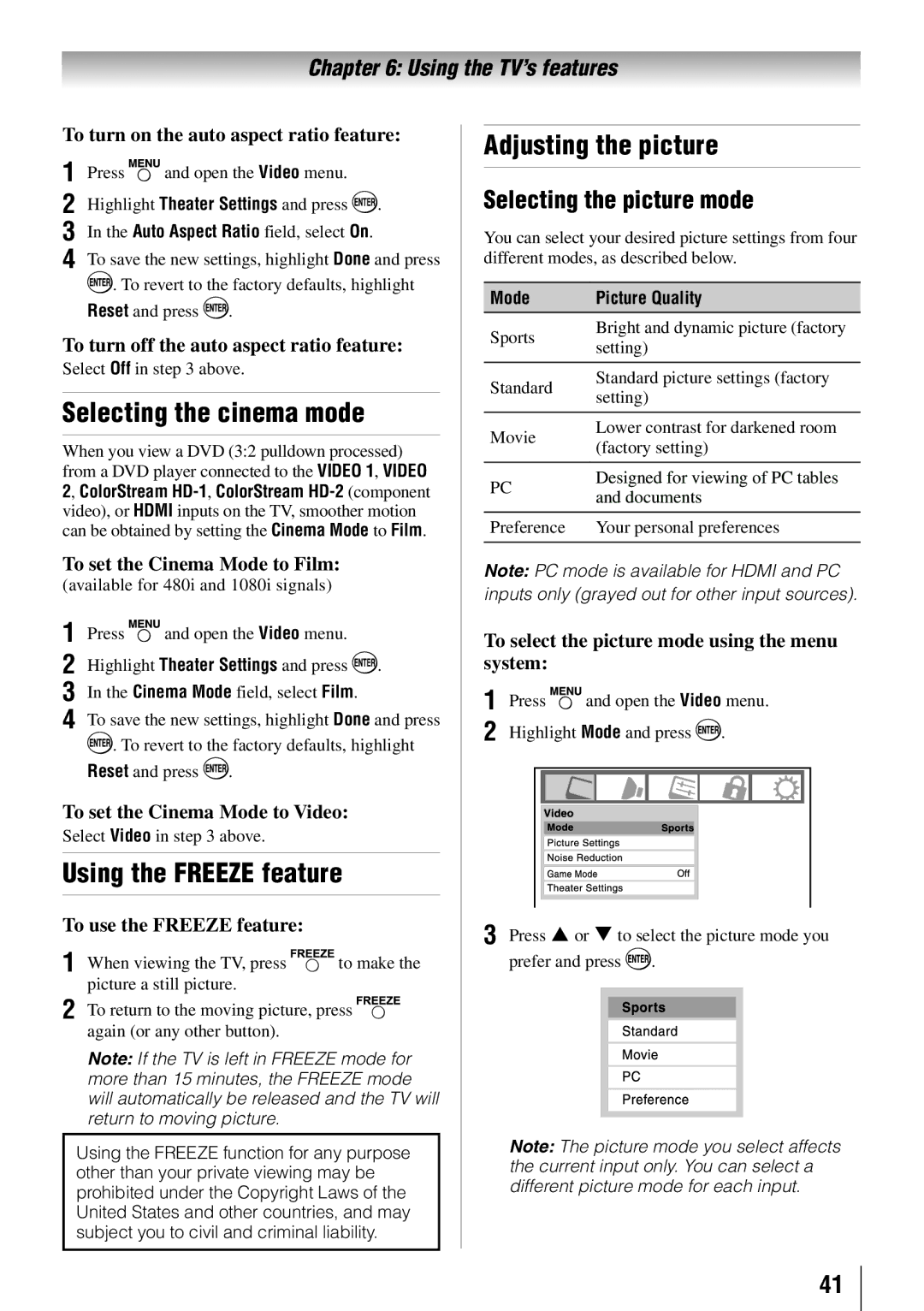 Toshiba 32RV525R Selecting the cinema mode, Using the Freeze feature, Adjusting the picture, Selecting the picture mode 