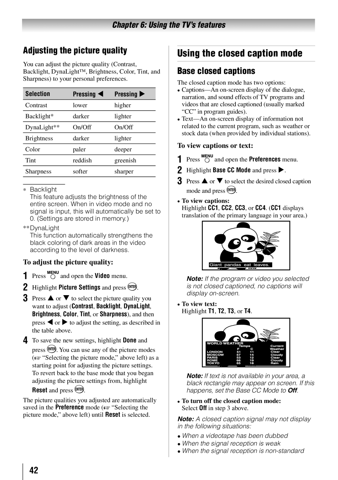 Toshiba 37RV525RZ, 32RV525RZ, 37RV52RZ Using the closed caption mode, Adjusting the picture quality, Base closed captions 