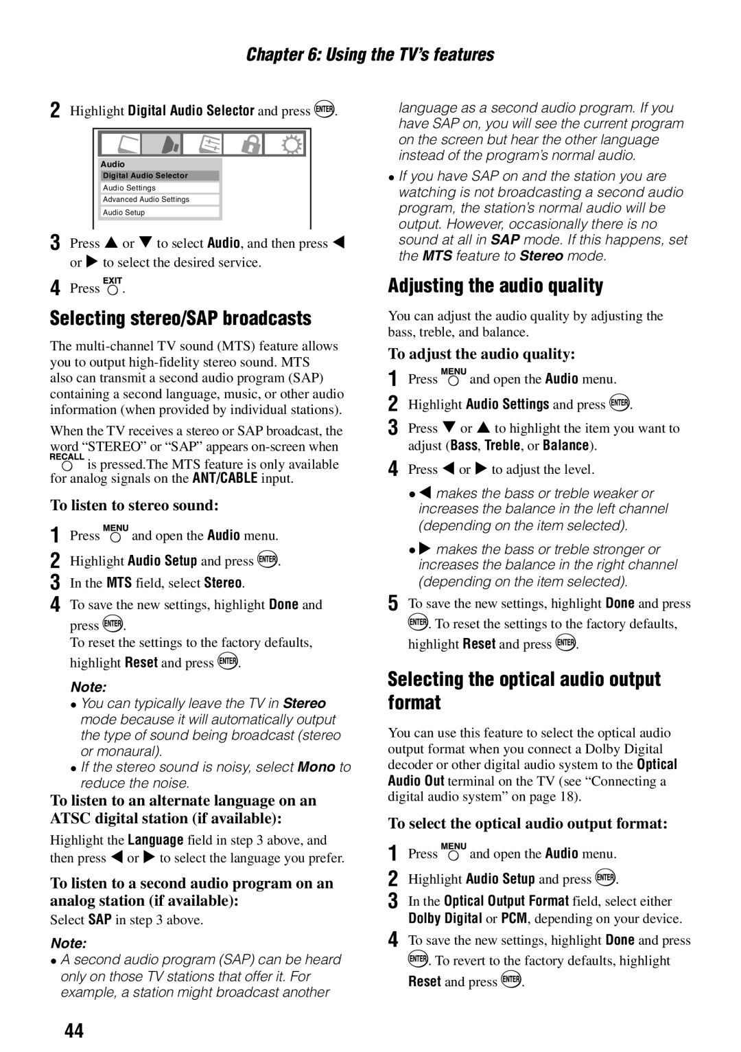 Toshiba 46RV525RZ Selecting stereo/SAP broadcasts, Adjusting the audio quality, Selecting the optical audio output format 