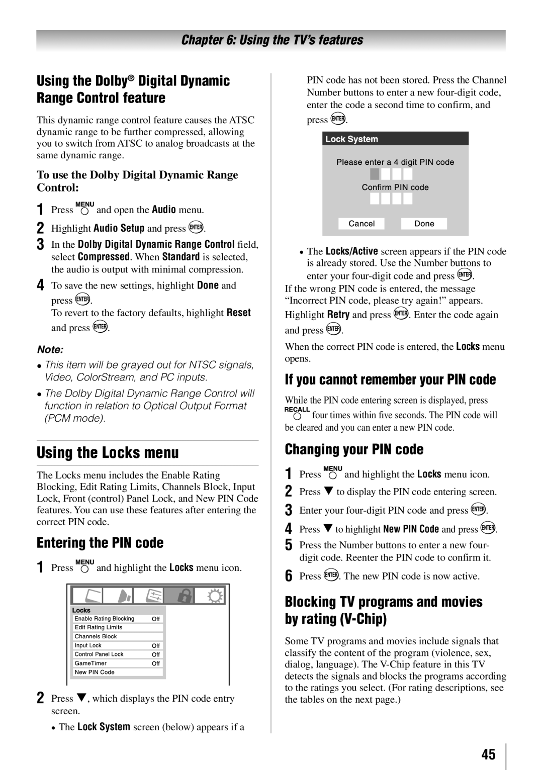 Toshiba 46RV525R, 32RV525RZ, 37RV525RZ, 37RV52RZ Using the Locks menu, Entering the PIN code, Changing your PIN code 