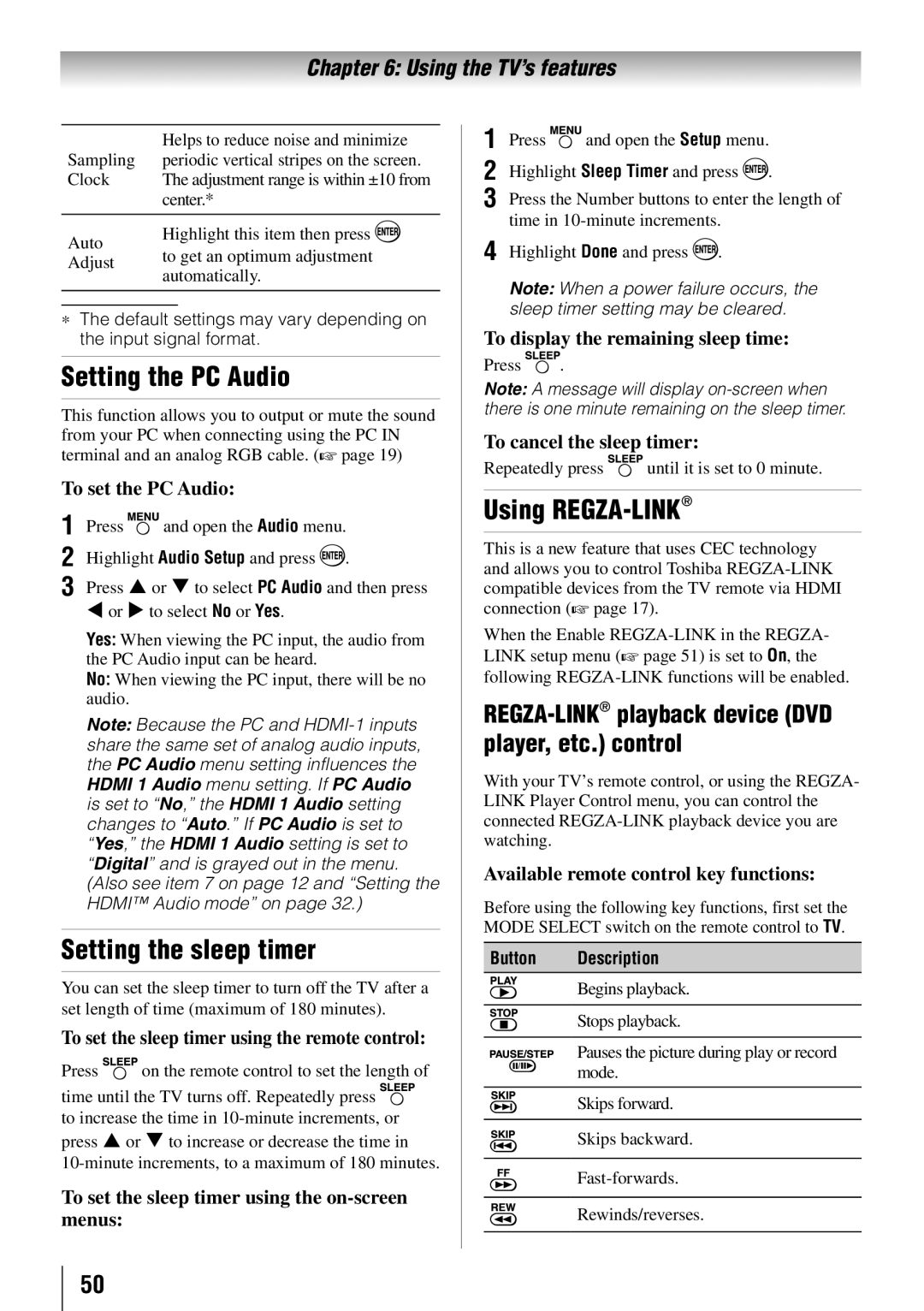 Toshiba 37RV525RZ, 32RV525RZ, 37RV52RZ, 46RV525RZ, 40RV52RZ Setting the PC Audio, Setting the sleep timer, Using REGZA-LINK 