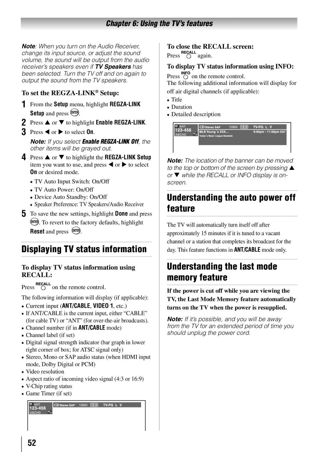 Toshiba 46RV525RZ, 32RV525RZ, 37RV525RZ, 37RV52RZ Displaying TV status information, Understanding the auto power off feature 