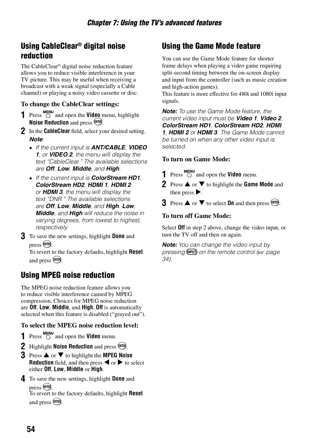 Toshiba 40RV52RZ Using CableClear digital noise reduction, Using Mpeg noise reduction, Using the Game Mode feature 