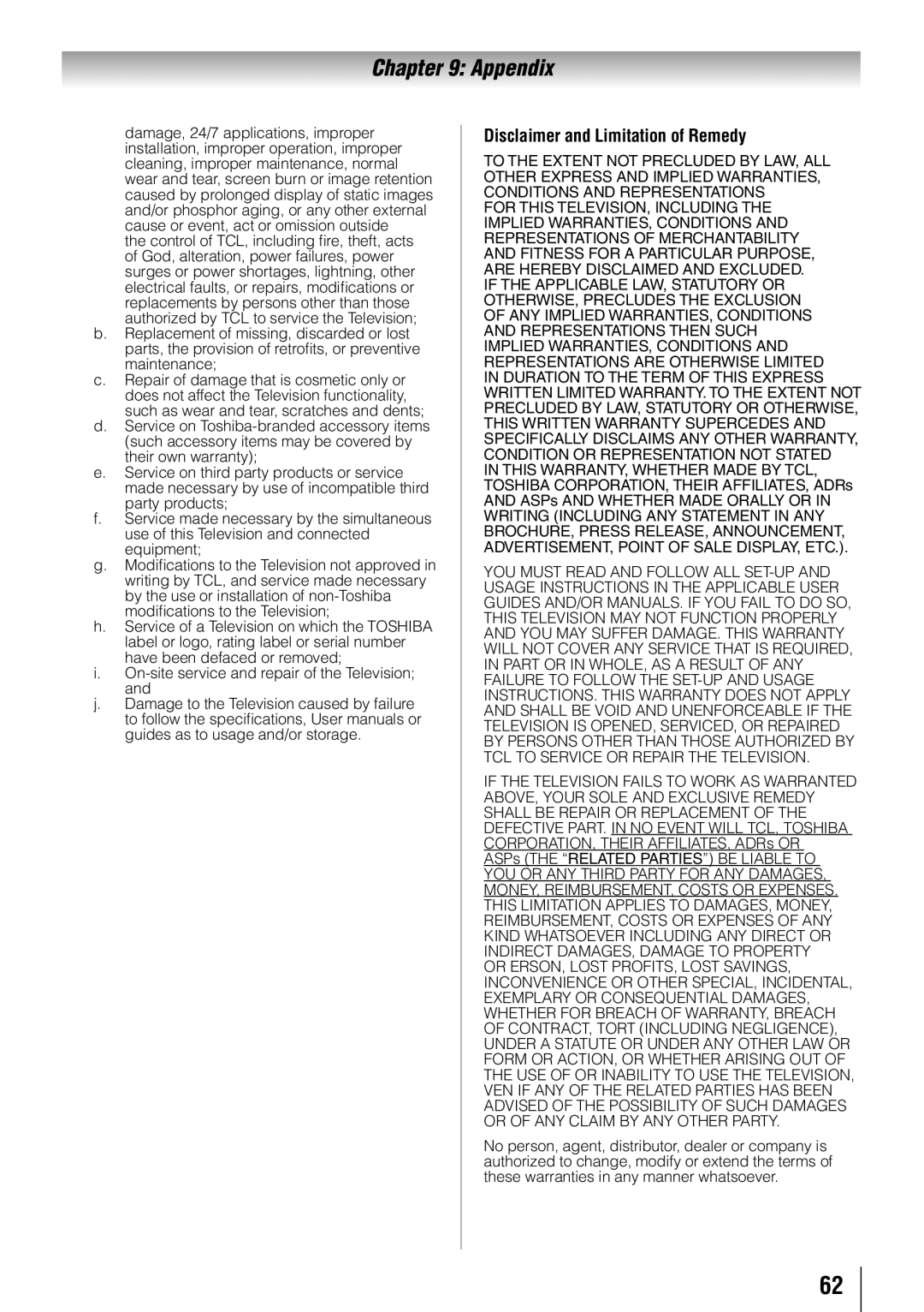 Toshiba 40RV52RZ, 32RV525RZ, 37RV525RZ, 37RV52RZ, 46RV525RZ, 40RV525RZ owner manual Disclaimer and Limitation of Remedy 