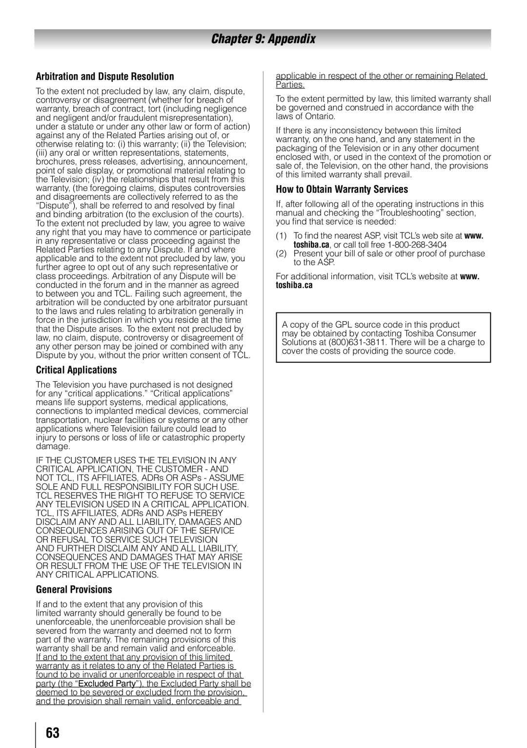 Toshiba 40RV525RZ, 32RV525RZ, 37RV525RZ Arbitration and Dispute Resolution, Critical Applications, General Provisions 