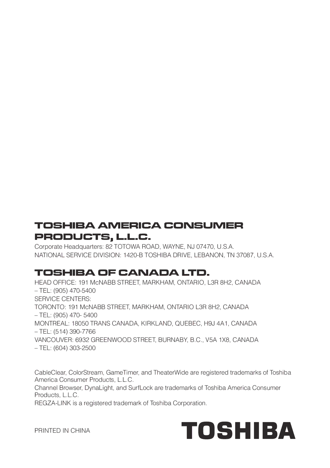 Toshiba 32RV525RZ, 37RV525RZ, 37RV52RZ, 46RV525RZ, 40RV52RZ, 40RV525RZ owner manual Toshiba America Consumer PRODUCTS, L.L.C 