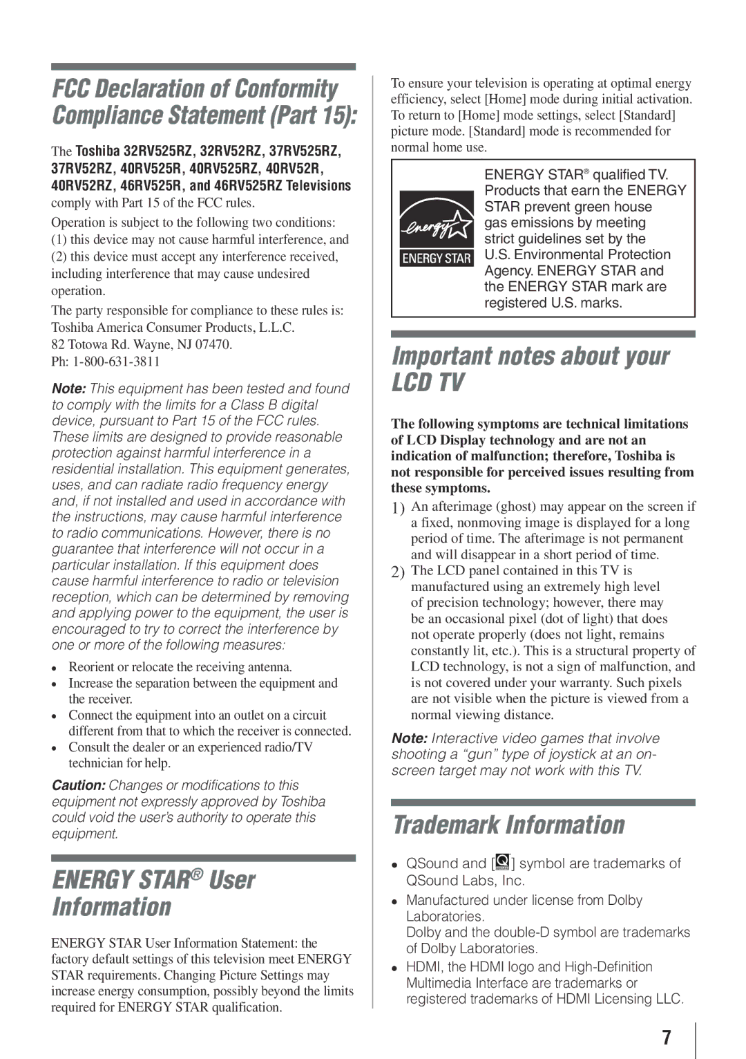 Toshiba 40RV525RZ, 32RV525RZ, 37RV525RZ Energy Star User Information, Important notes about your, Trademark Information 