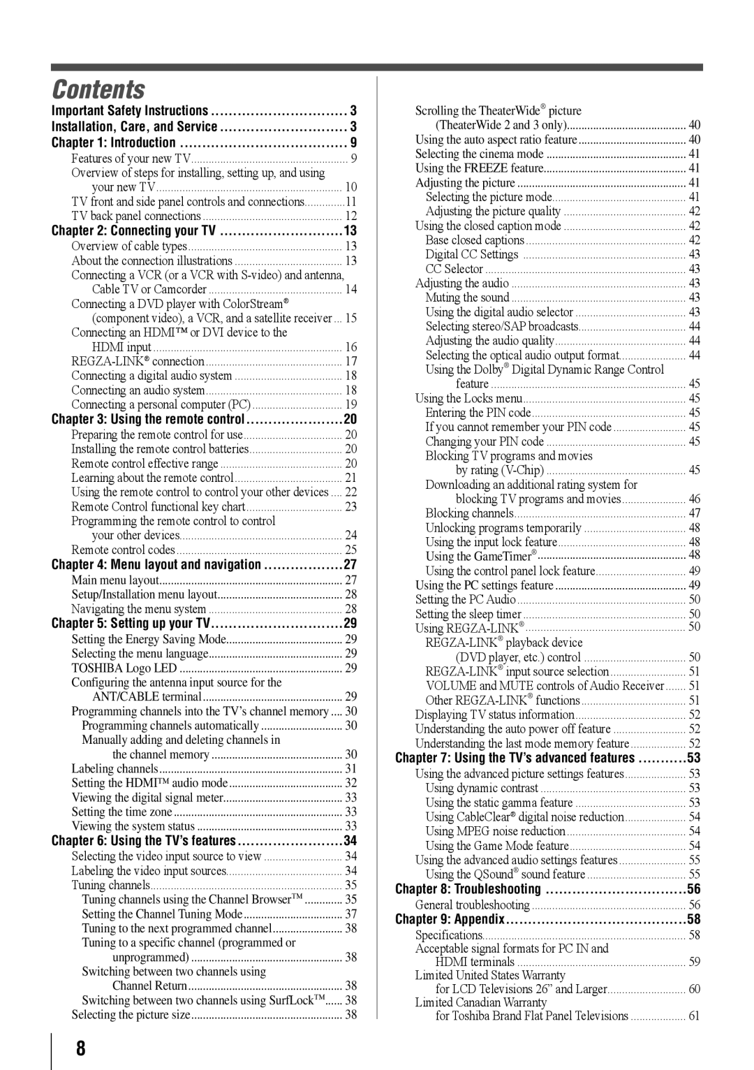 Toshiba 32RV525RZ, 37RV525RZ, 37RV52RZ, 46RV525RZ, 40RV52RZ, 40RV525RZ owner manual Contents 