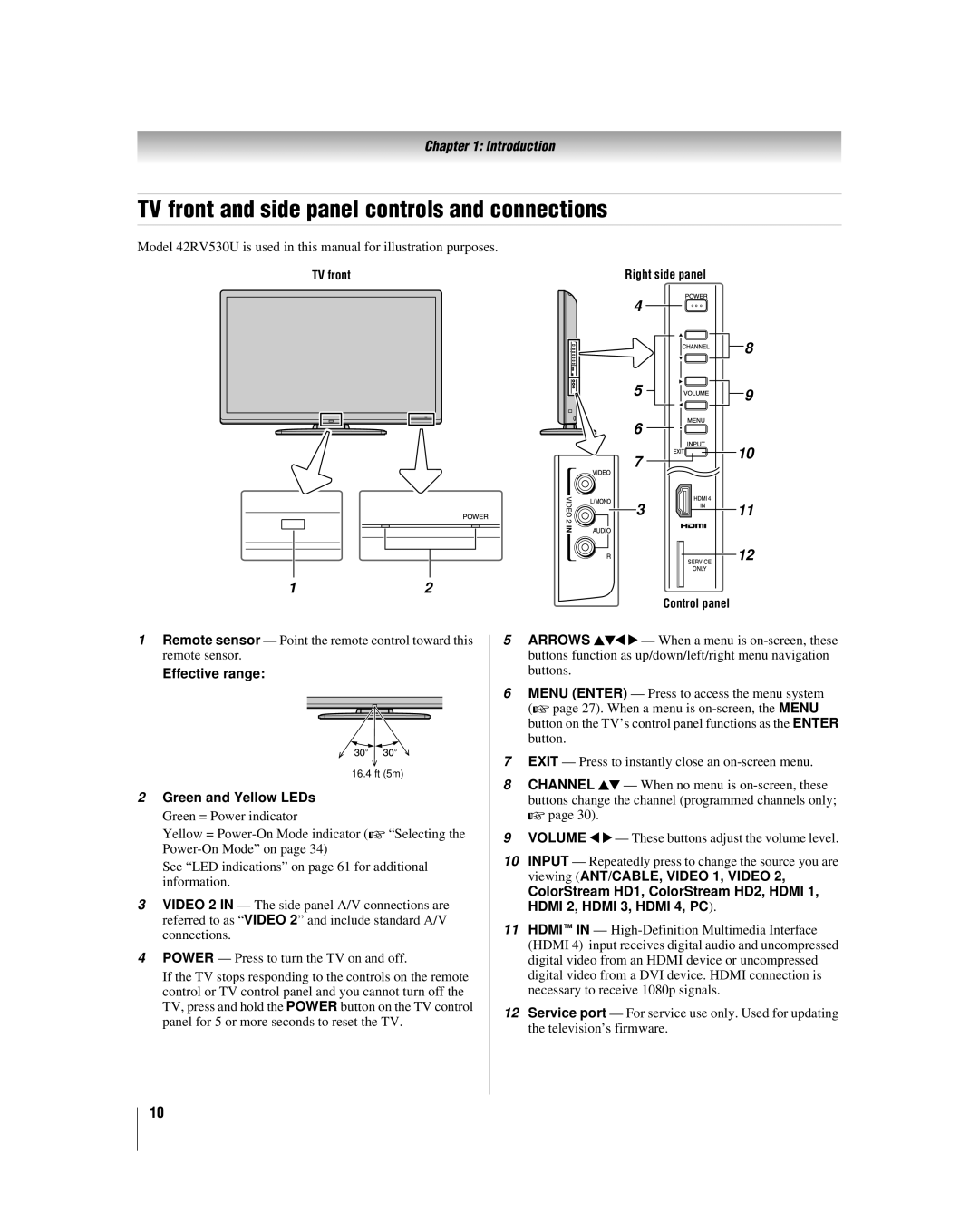 Toshiba 32RV530U, 37RV530U manual TV front and side panel controls and connections, Effective range, Green and Yellow LEDs 