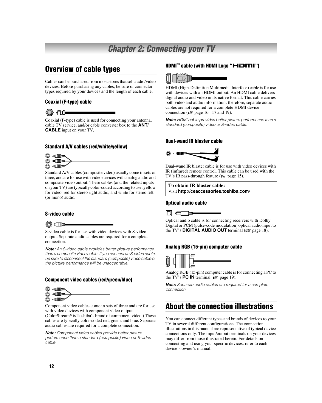 Toshiba 52RV530U, 32RV530U, 37RV530U manual Connecting your TV, Overview of cable types, About the connection illustrations 