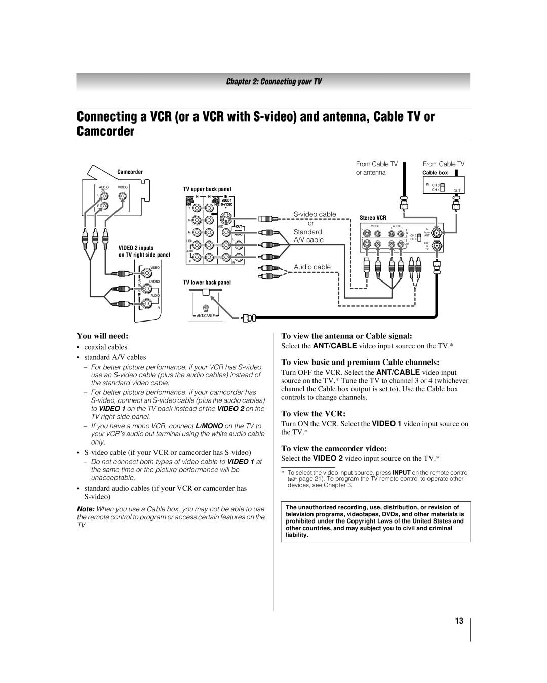 Toshiba 46RV530U, 32RV530U You will need, To view the antenna or Cable signal, To view basic and premium Cable channels 