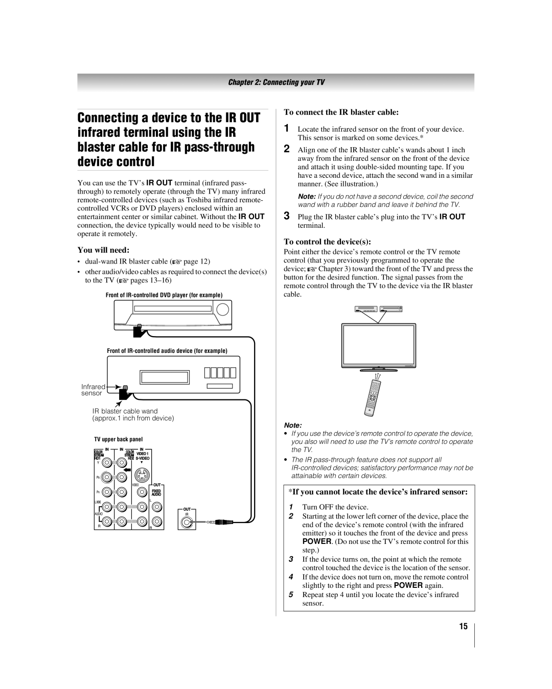 Toshiba 32RV530U, 37RV530U, 52RV530U, 46RV530U, 42RV530U manual To connect the IR blaster cable, To control the devices 