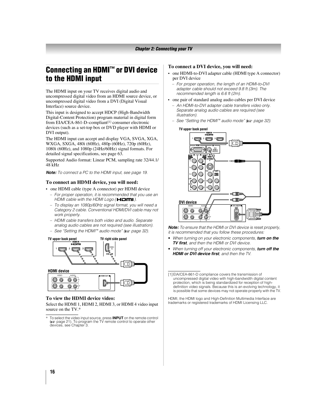 Toshiba 37RV530U, 32RV530U Connecting an Hdmi or DVI device to the Hdmi input, To connect an Hdmi device, you will need 