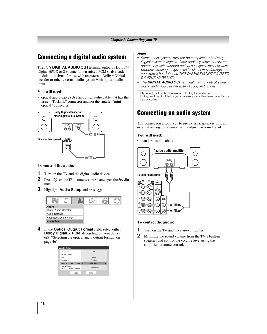 Toshiba 46RV530U, 32RV530U, 37RV530U, 52RV530U, 42RV530U manual Connecting an audio system, To control the audio 