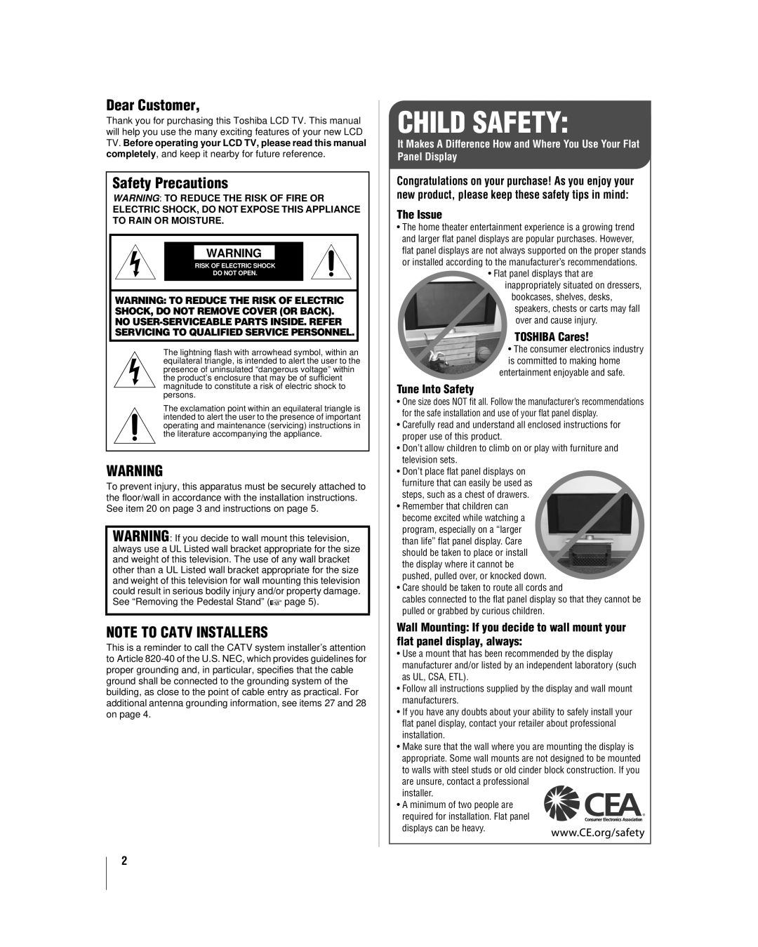 Toshiba 52RV530U, 32RV530U, 37RV530U, 46RV530U Dear Customer, Safety Precautions, Issue, Toshiba Cares, Tune Into Safety 