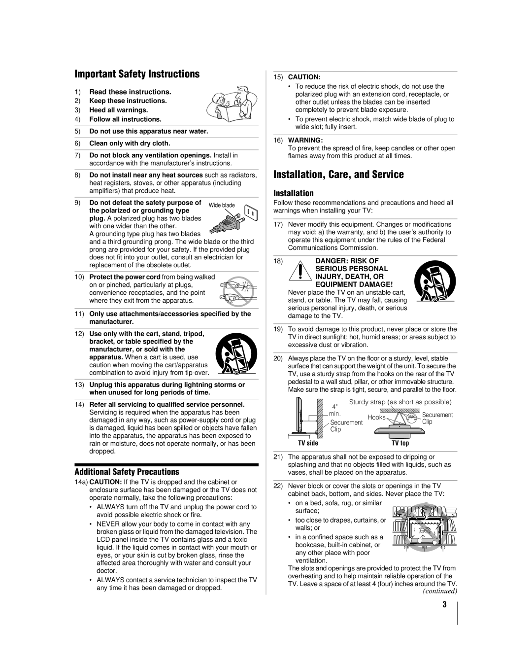 Toshiba 46RV530U, 32RV530U Important Safety Instructions, Installation, Care, and Service, Additional Safety Precautions 