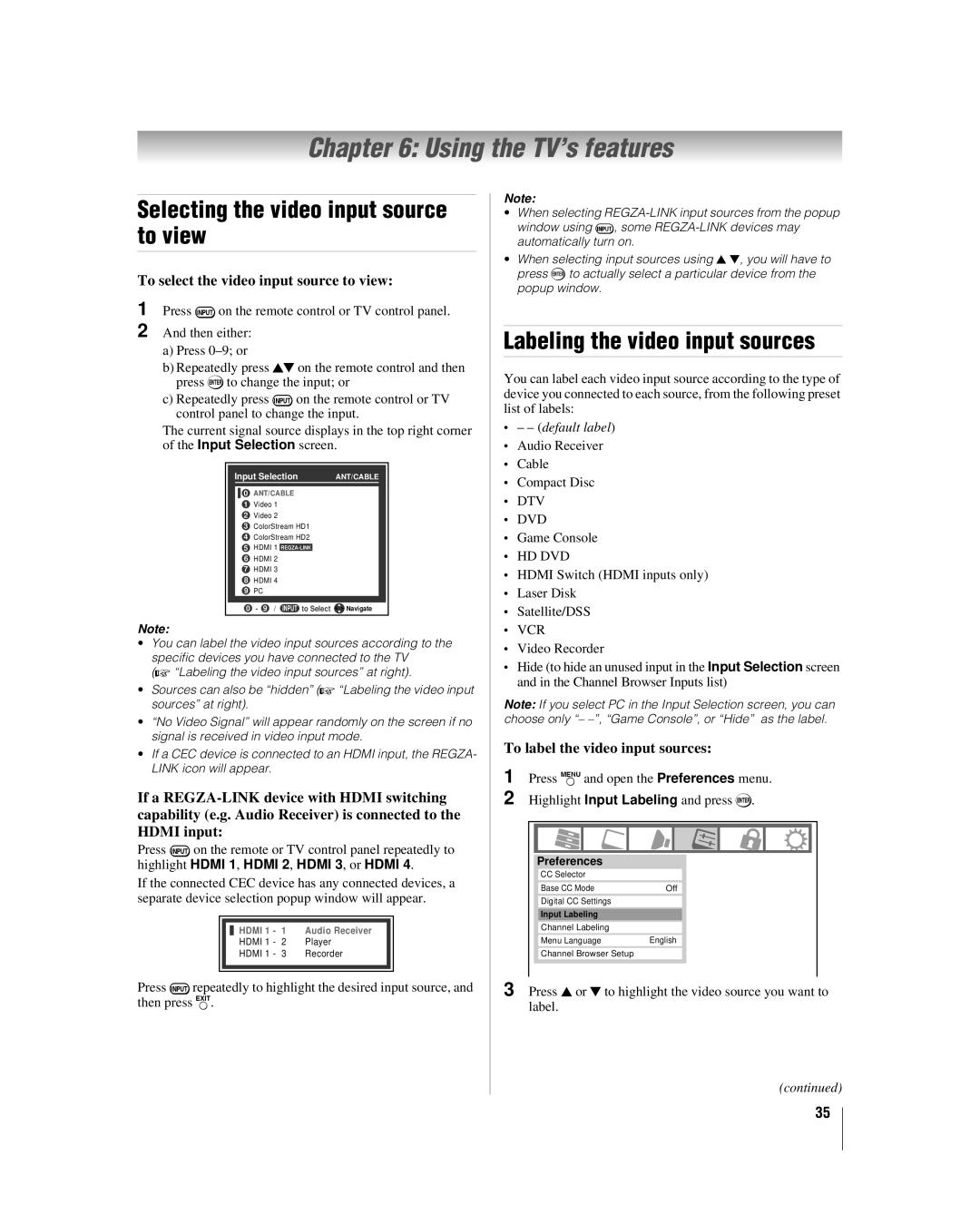 Toshiba 32RV530U manual Using the TV’s features, Selecting the video input source to view, Labeling the video input sources 